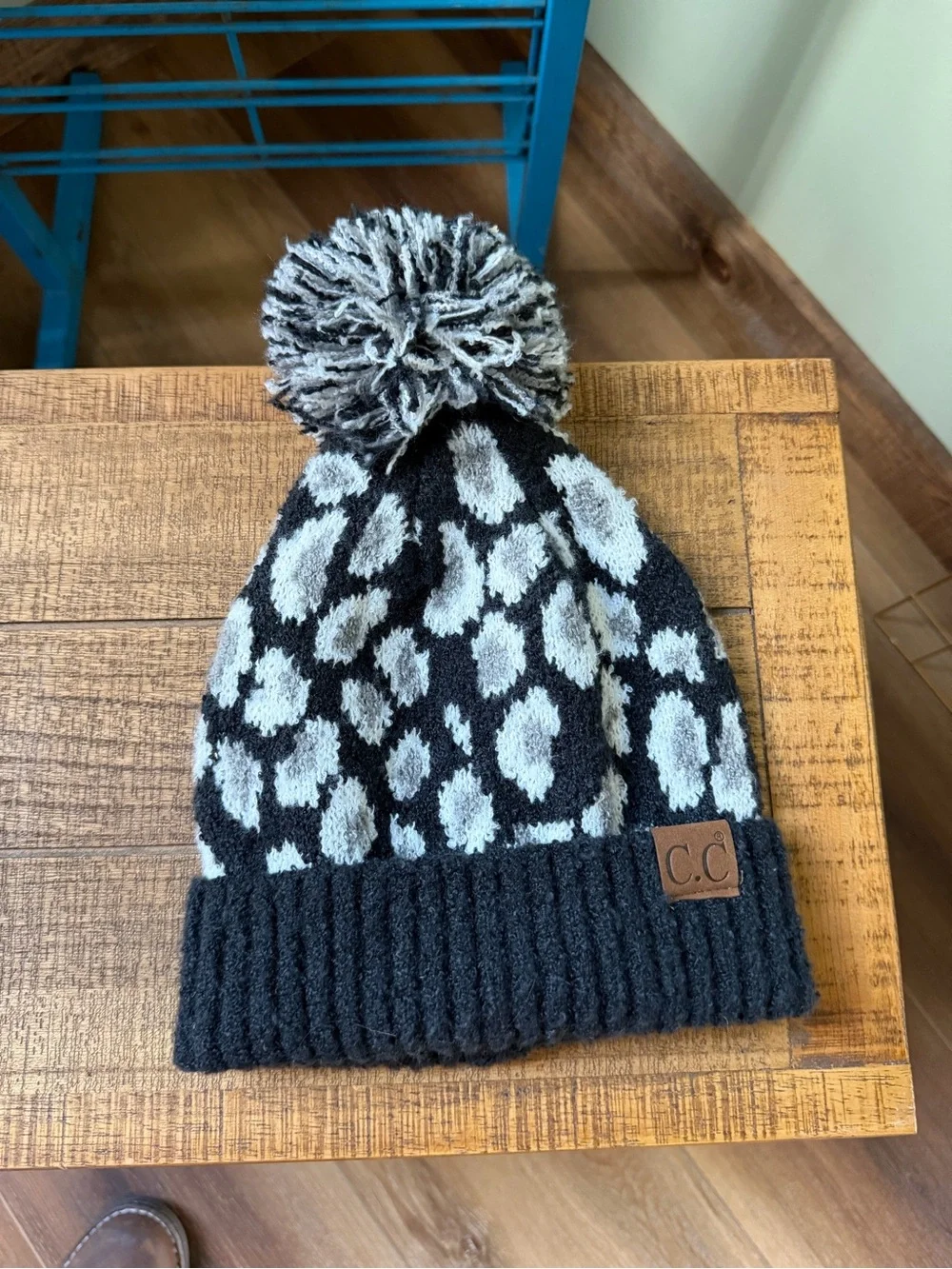 C.C Kids Black & Gray Leopard Pom Beanie